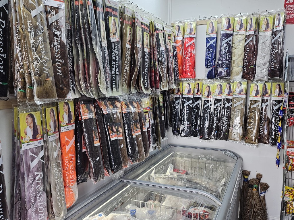 Hair extensions and beauty products in store