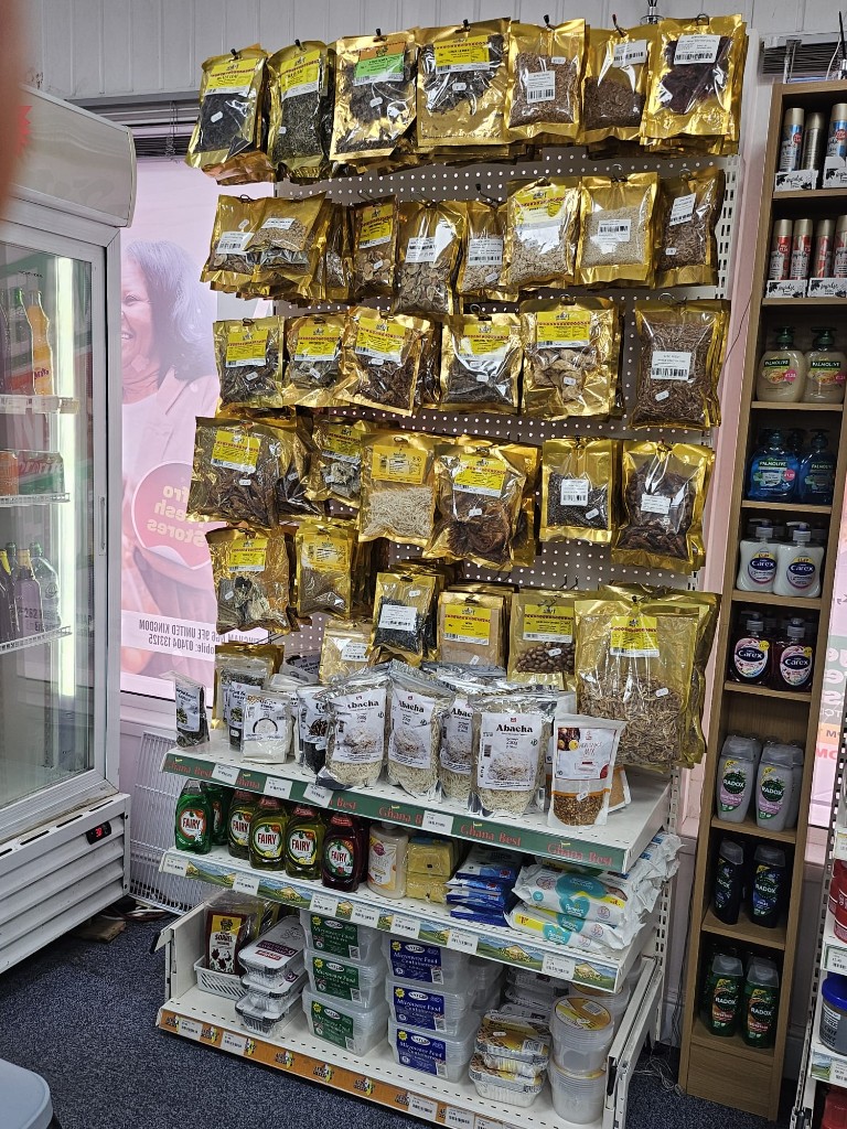 African spices and seasonings on the shop wall